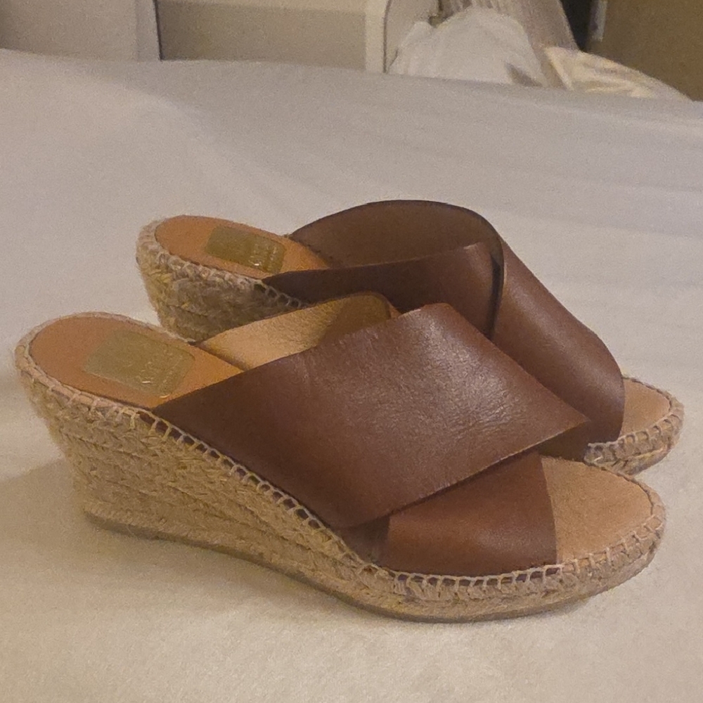 Kanna Brown Leather Spadrille Wedge Slide Sandals 37 EU